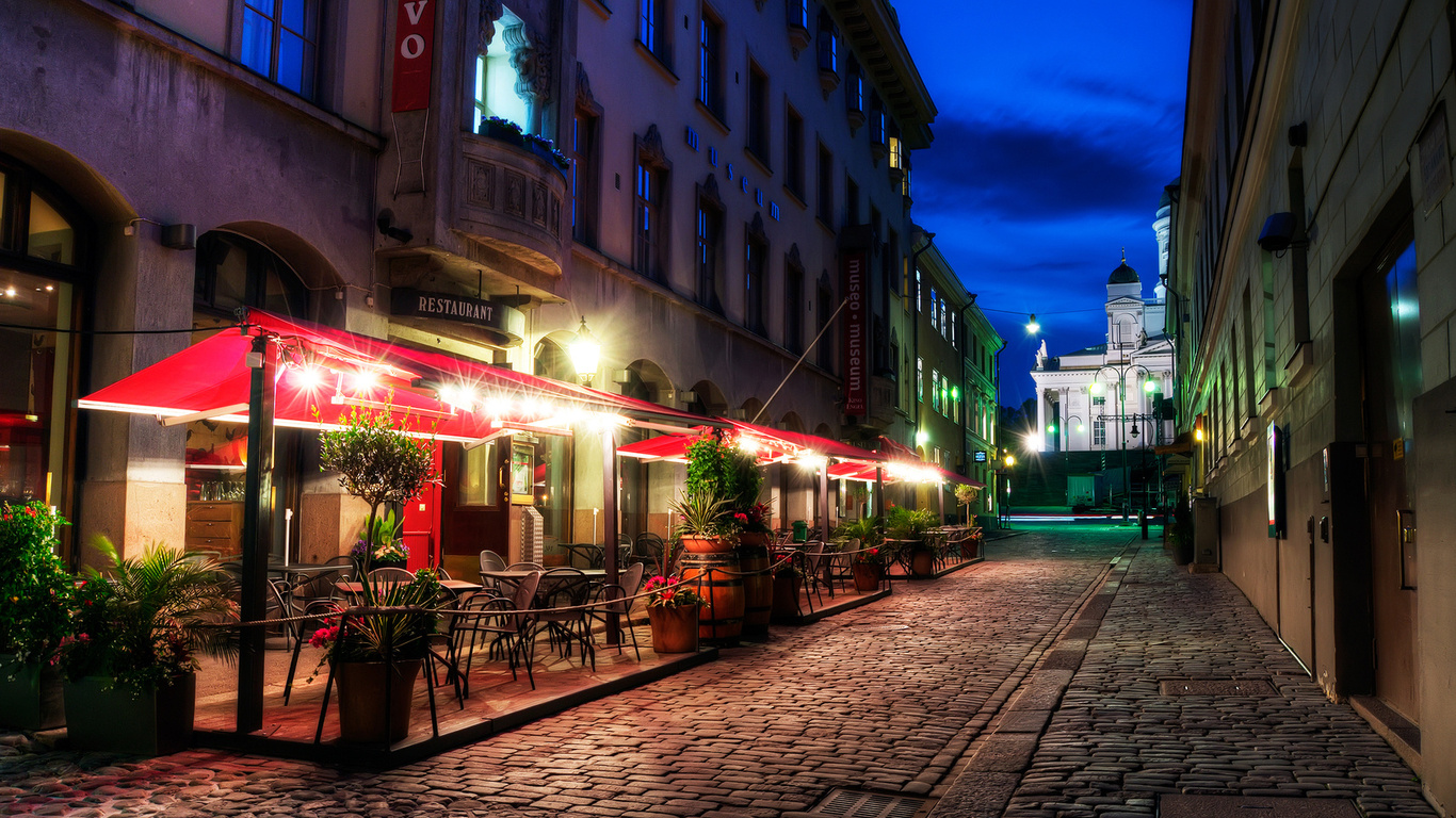 pavement, finland, helsinki, restaurant, street, evening