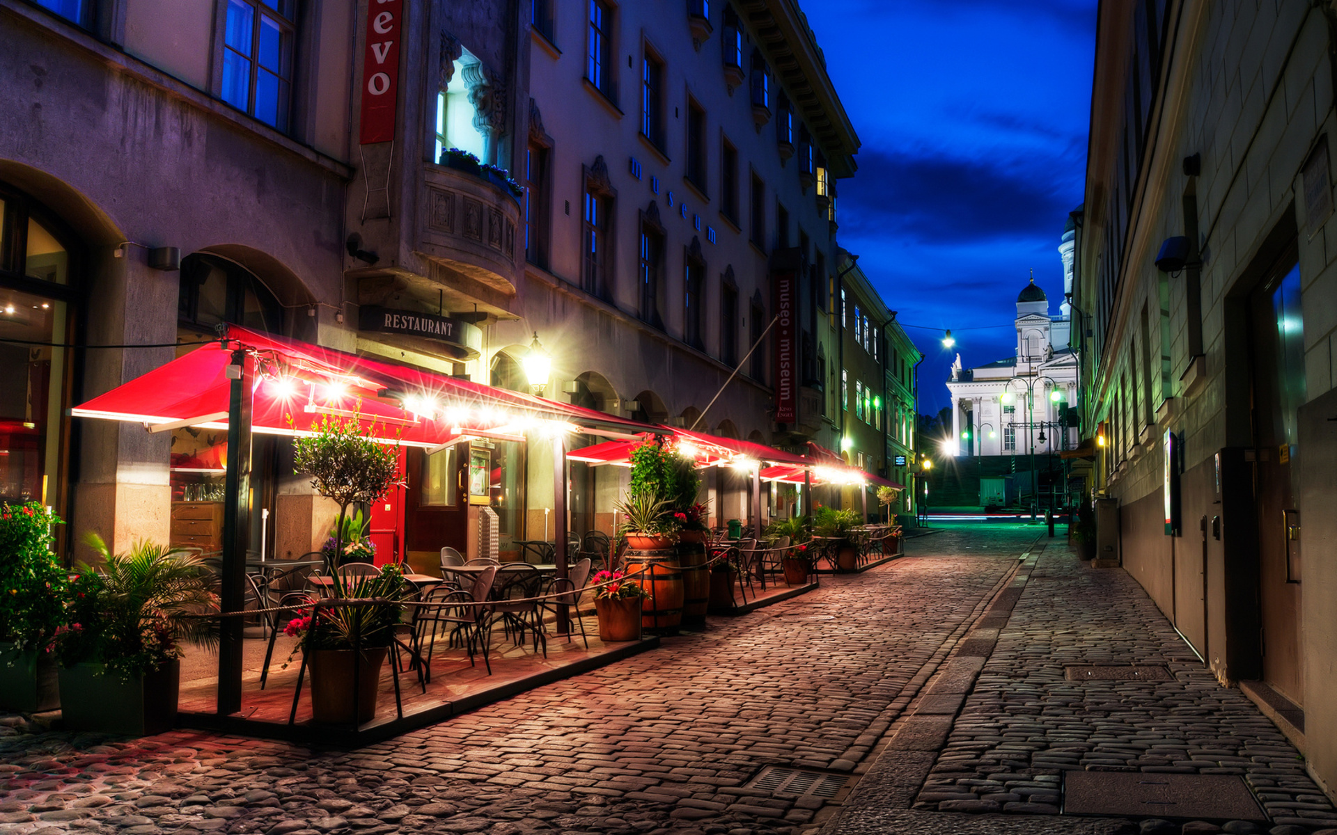 pavement, finland, helsinki, restaurant, street, evening