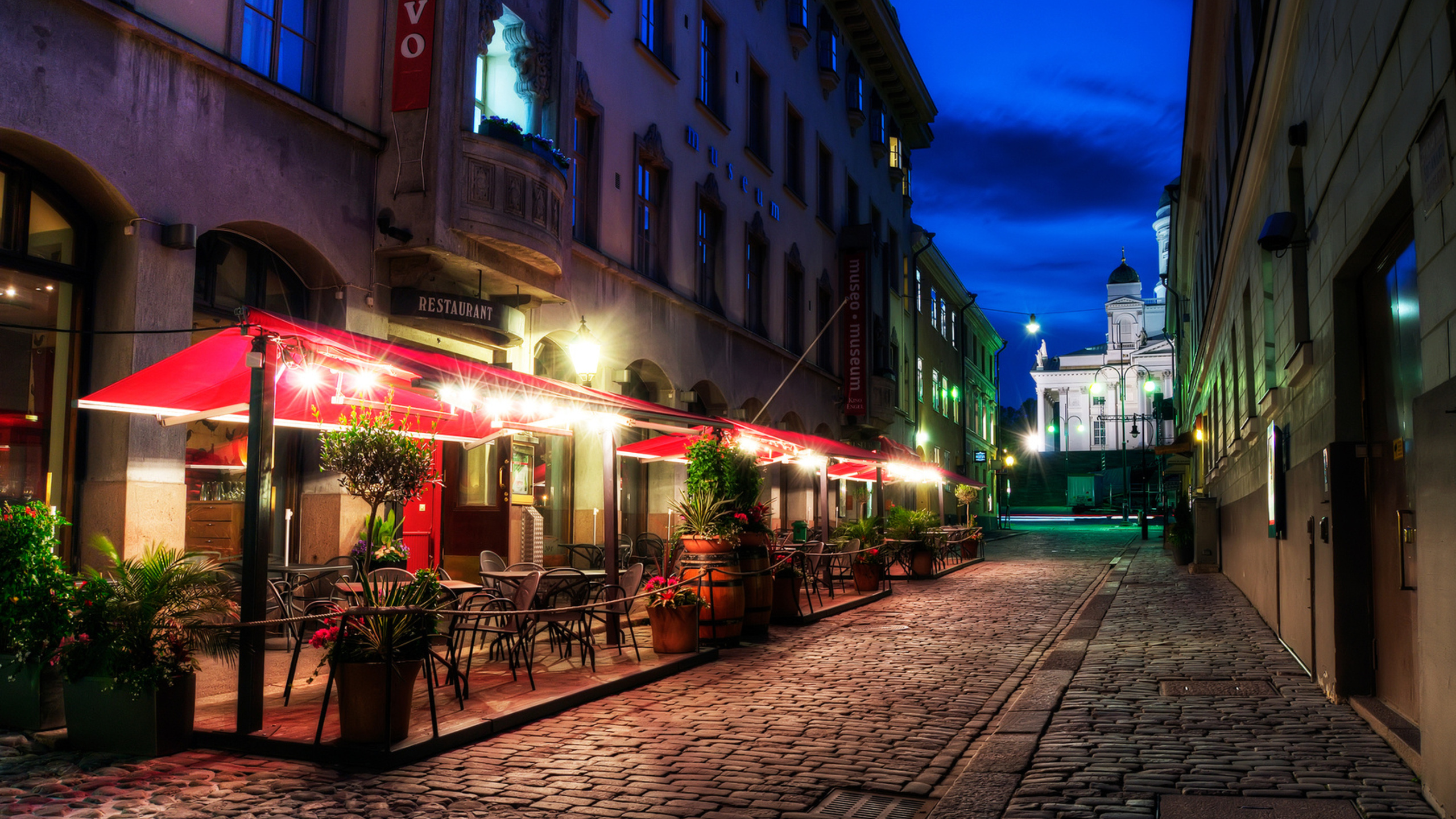 pavement, finland, helsinki, restaurant, street, evening