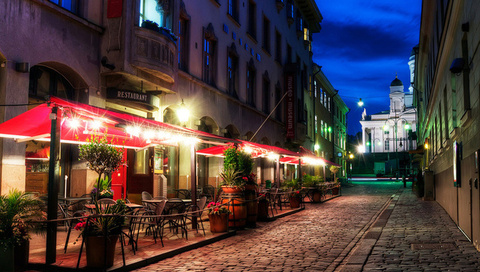 pavement, finland, helsinki, restaurant, street, evening