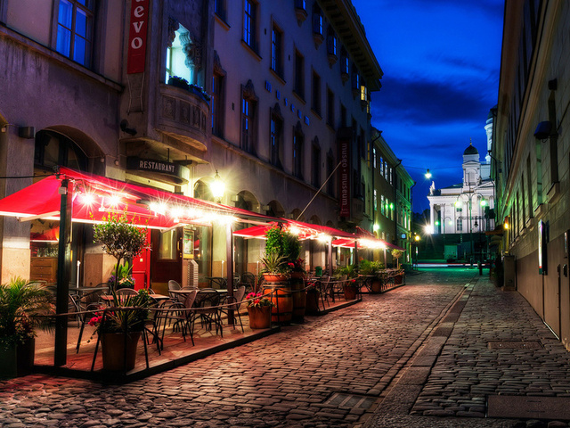 pavement, finland, helsinki, restaurant, street, evening