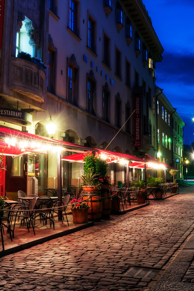 pavement, finland, helsinki, restaurant, street, evening