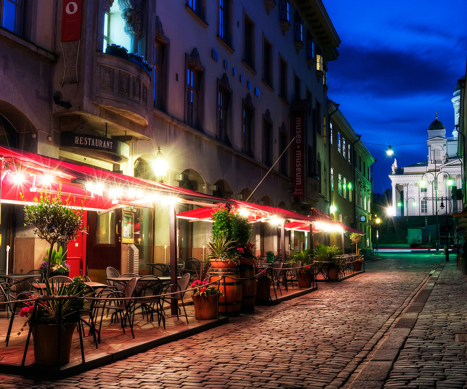 pavement, finland, helsinki, restaurant, street, evening