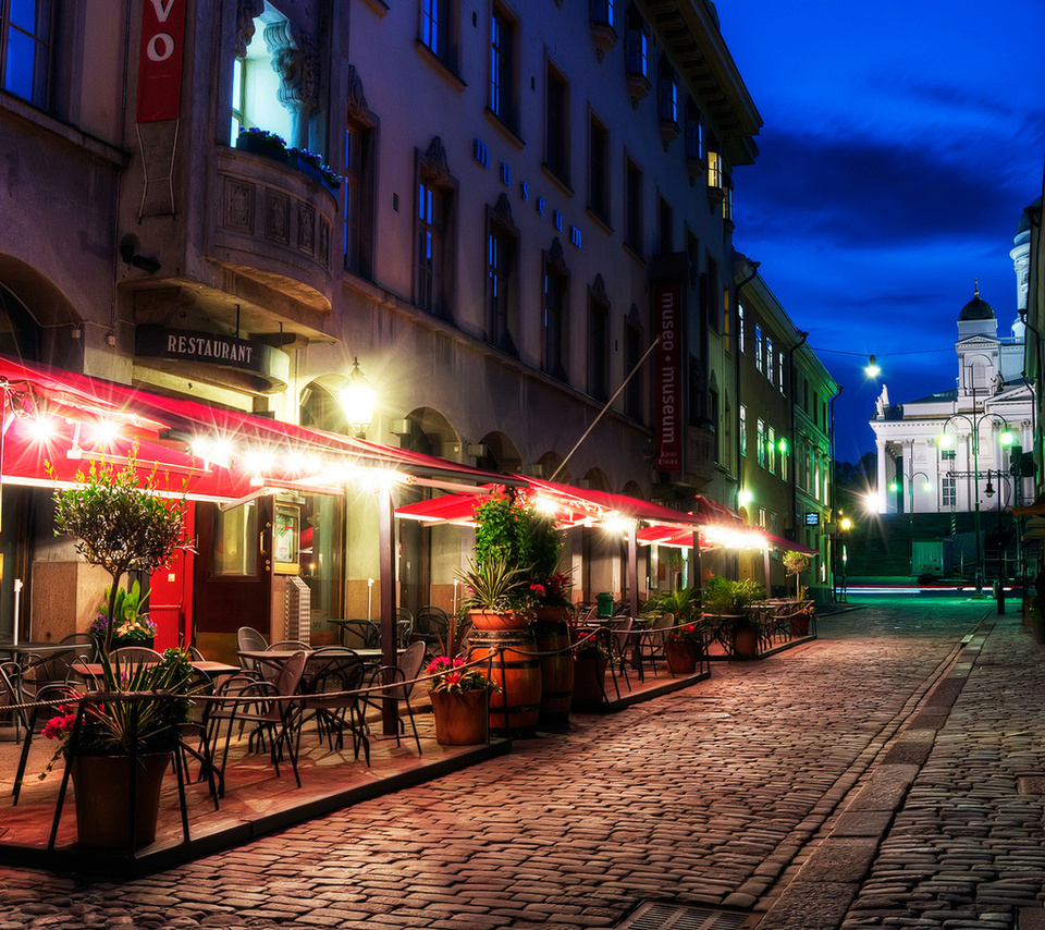 pavement, finland, helsinki, restaurant, street, evening