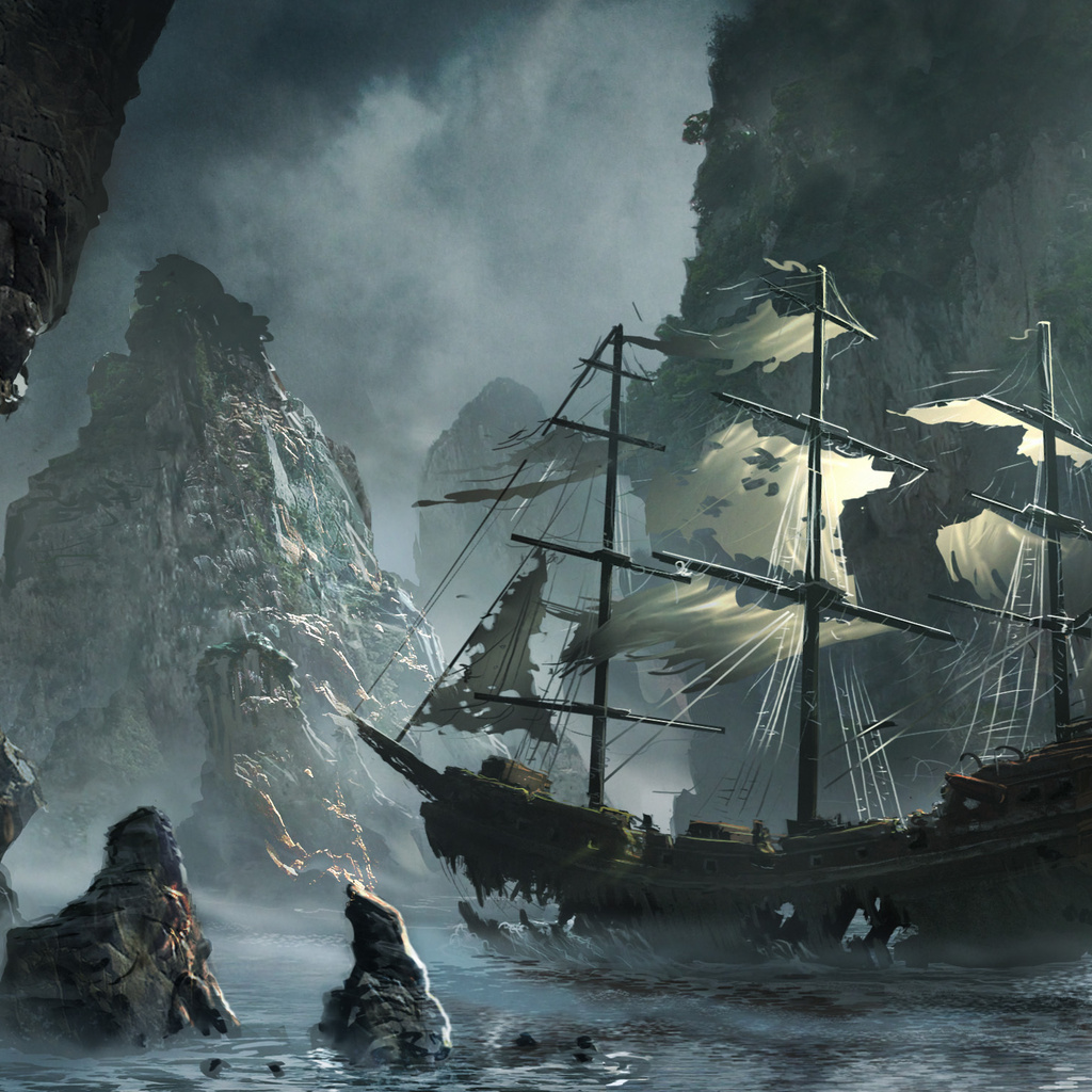 michal matczak, storm, the flying dutchman, Ghost ship approaching, matchack, art, rocks, sea
