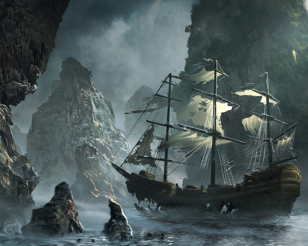 michal matczak, storm, the flying dutchman, Ghost ship approaching, matchack, art, rocks, sea