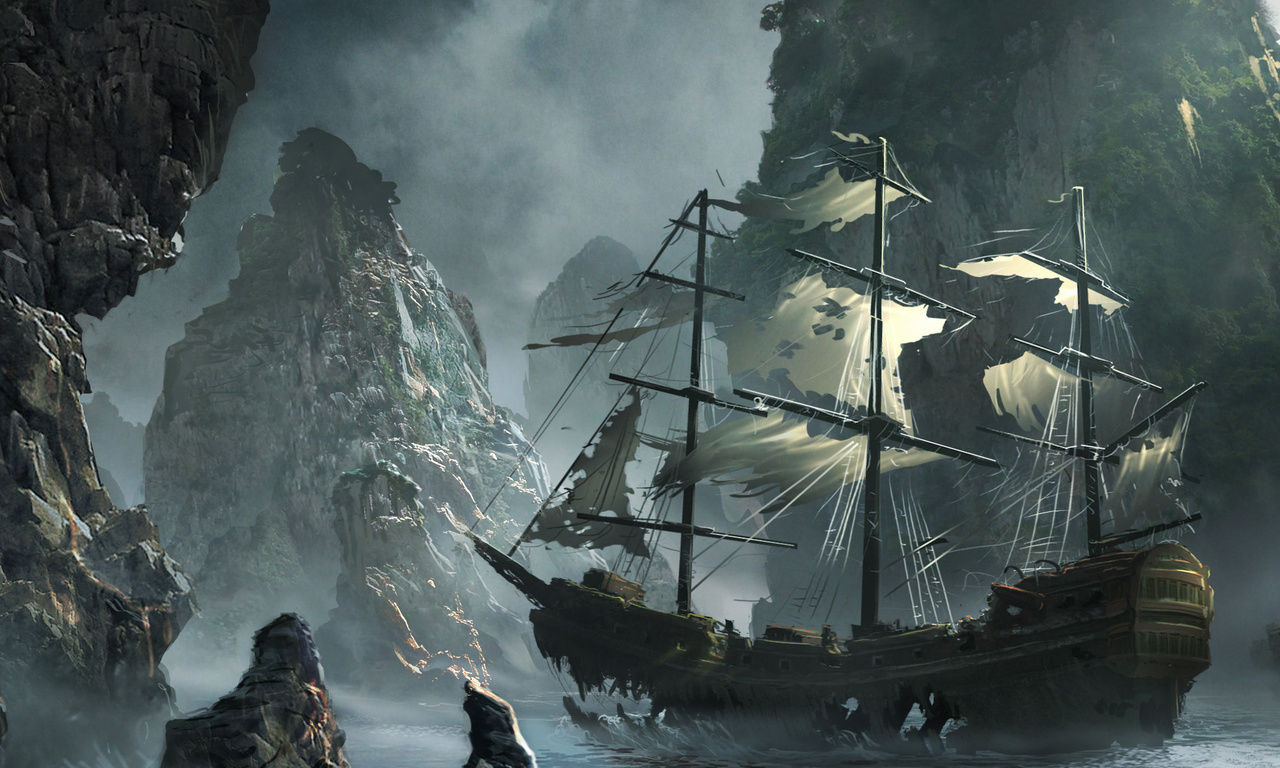 michal matczak, storm, the flying dutchman, Ghost ship approaching, matchack, art, rocks, sea