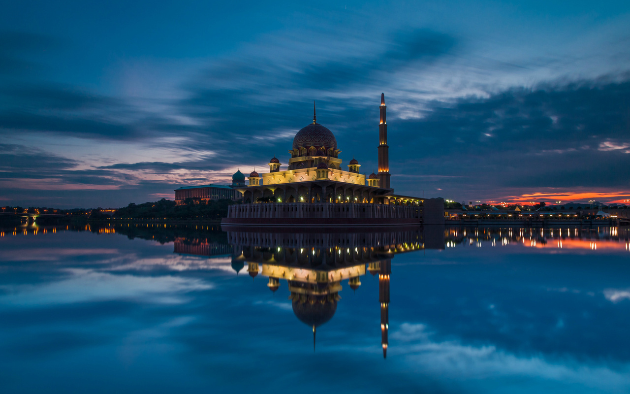 malaysia, strait, evening, putrajaya, sunset, sky, mosque, clouds