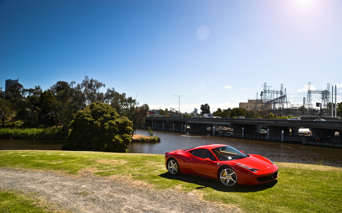 458 italia, ferrari, bridge, red, , trees, 