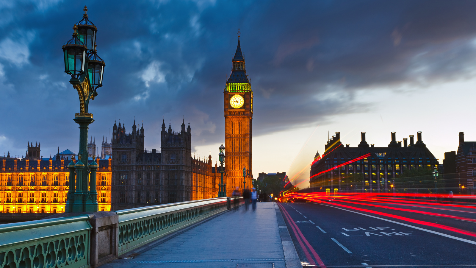 Big ben at night, street, lights, england, lantern, city, buildings, london