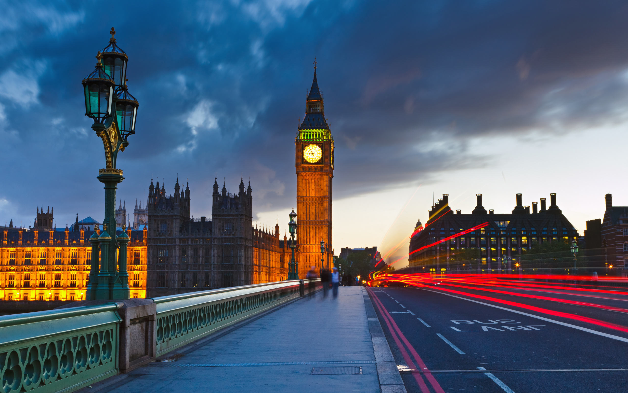 Big ben at night, street, lights, england, lantern, city, buildings, london