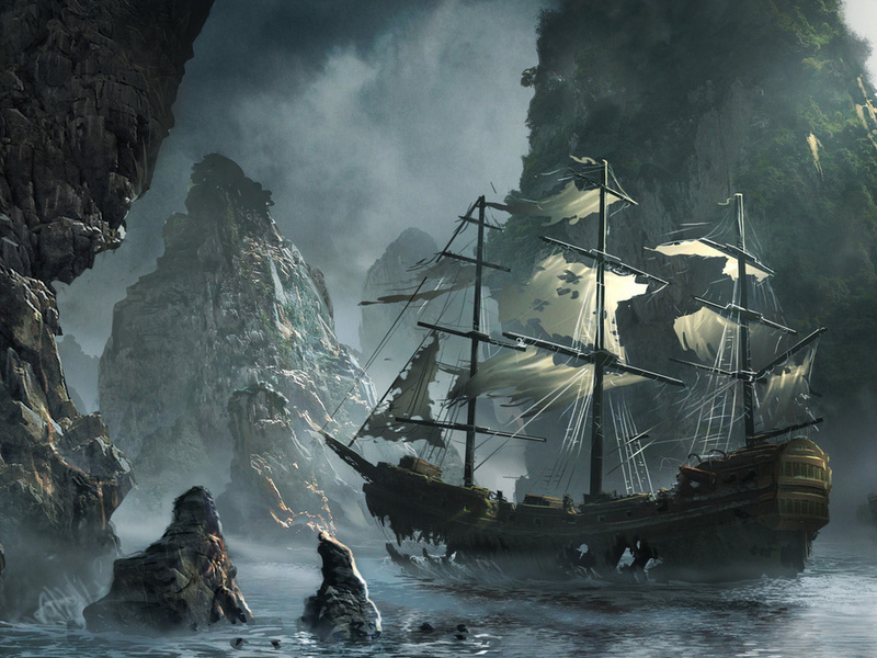 michal matczak, storm, the flying dutchman, Ghost ship approaching, matchack, art, rocks, sea