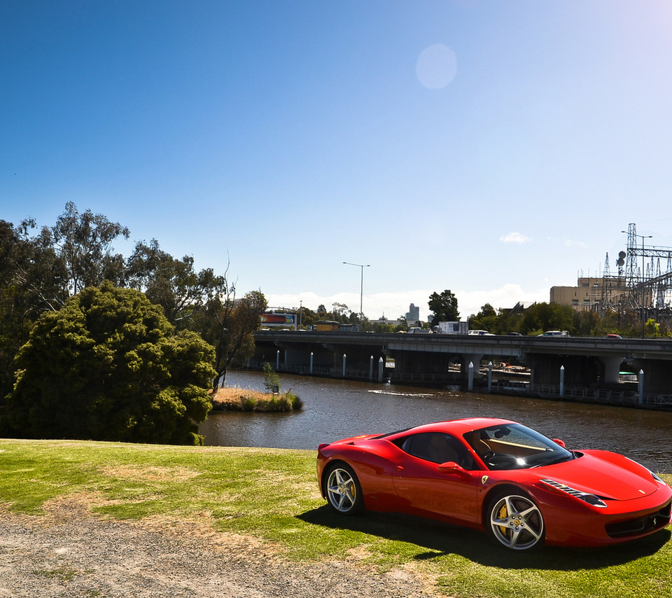 458 italia, ferrari, bridge, red, , trees, 