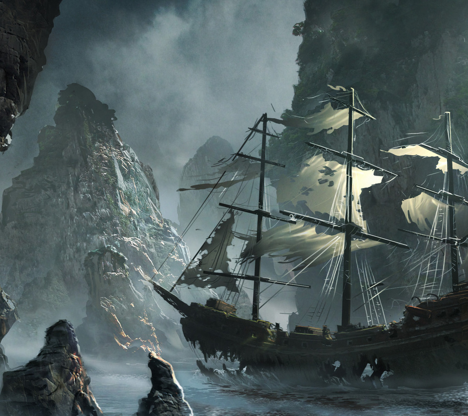 michal matczak, storm, the flying dutchman, Ghost ship approaching, matchack, art, rocks, sea