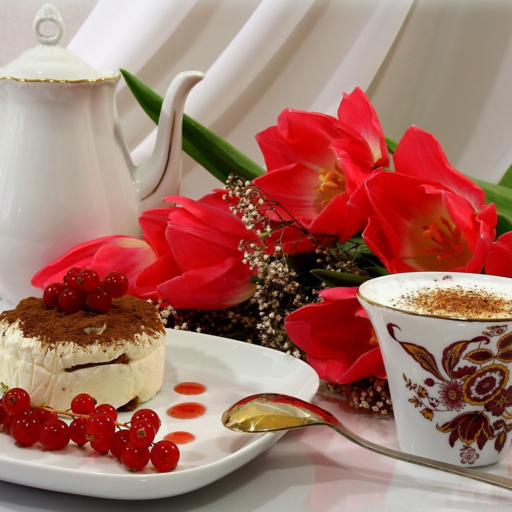 , coffee, flowers, cup, Cake, , red, tulip, red tulips, cappuccino