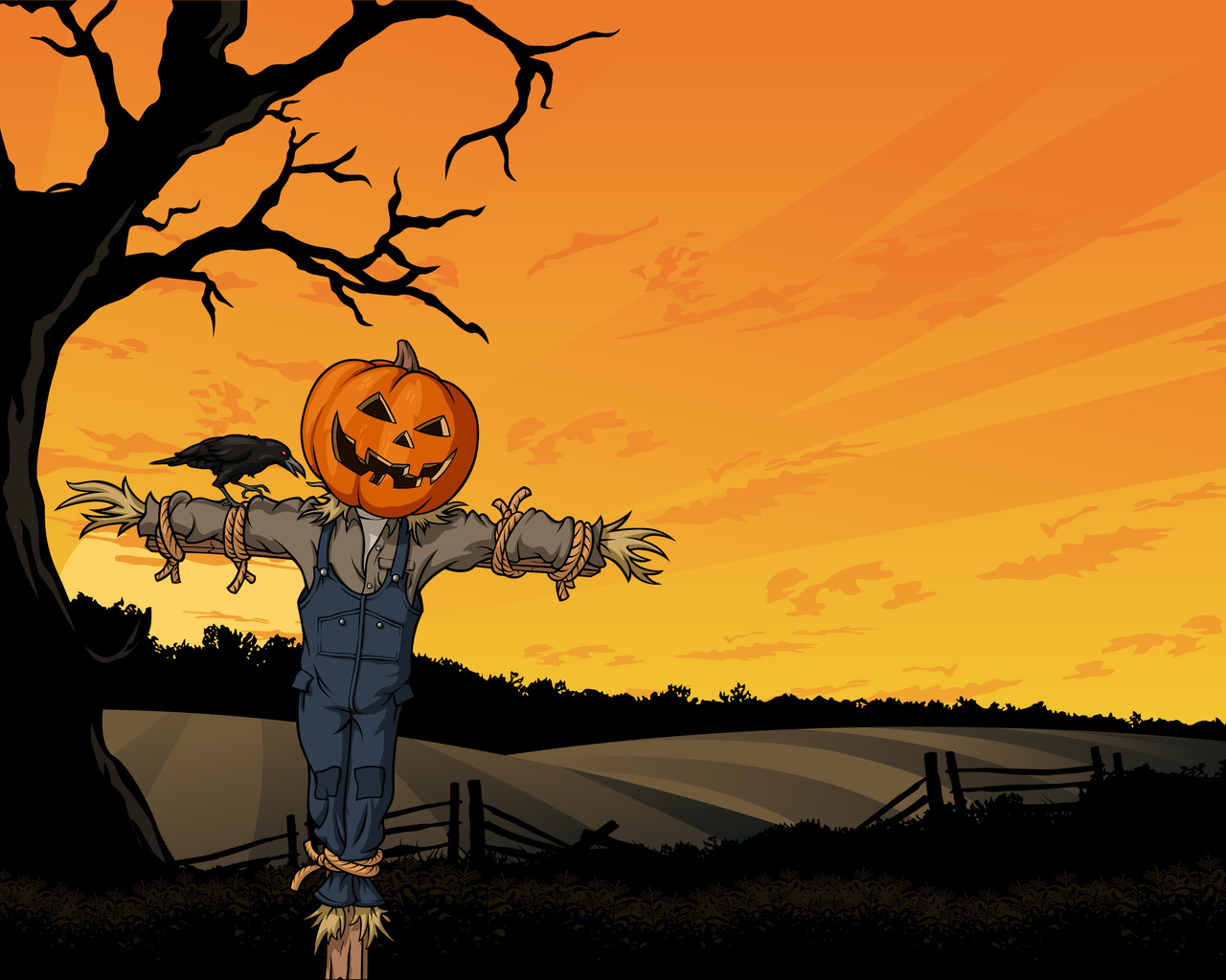 crow, creepy, horror, tree, Halloween, pumpkin, field, fright, , scarecrow