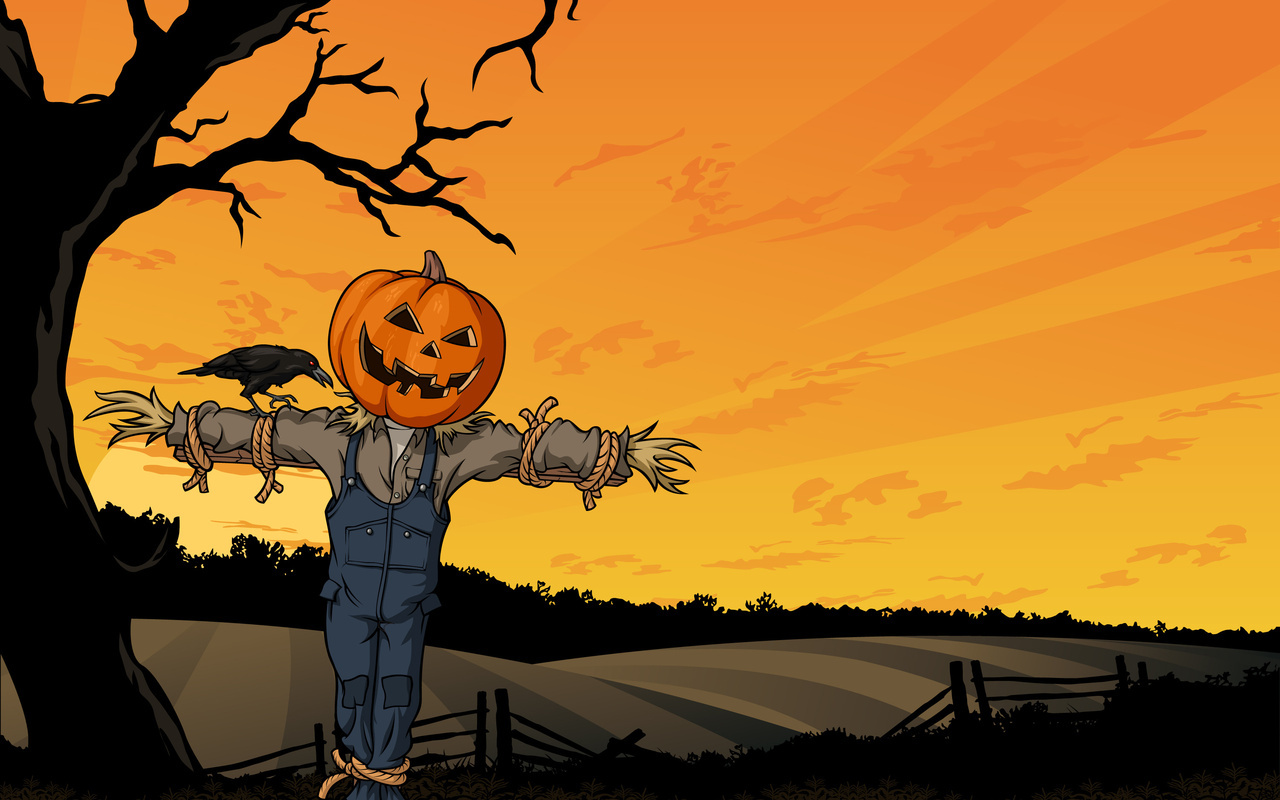 crow, creepy, horror, tree, Halloween, pumpkin, field, fright, , scarecrow