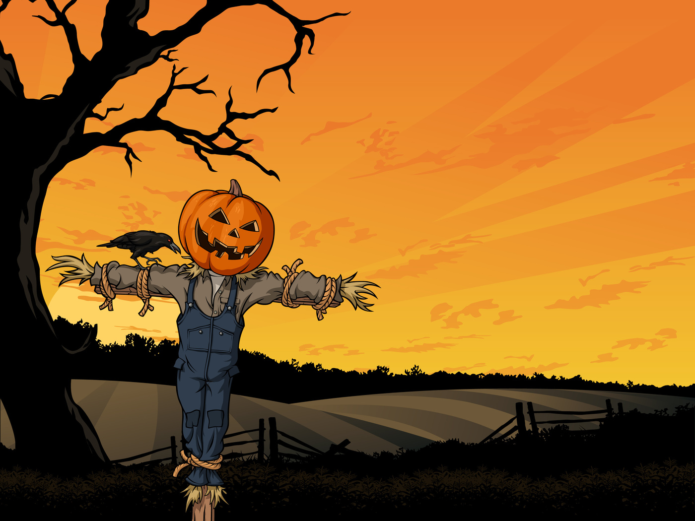 crow, creepy, horror, tree, Halloween, pumpkin, field, fright, , scarecrow