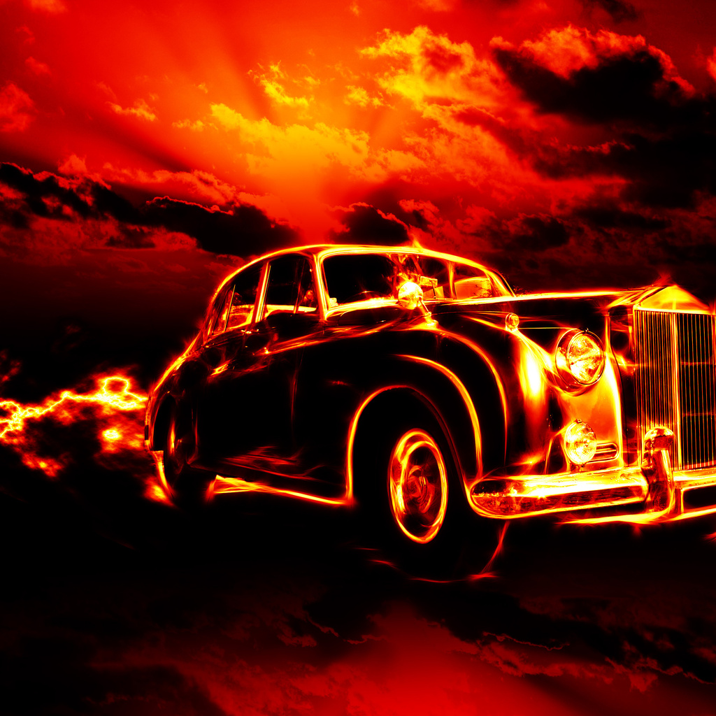 flame, city, smoke, clouds, Fire, classic, creepy, car, red sky, ghost rider, hell, horror