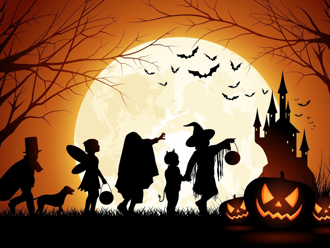 trees, pumpkin, men and dog, castle, Halloween, moon, bats