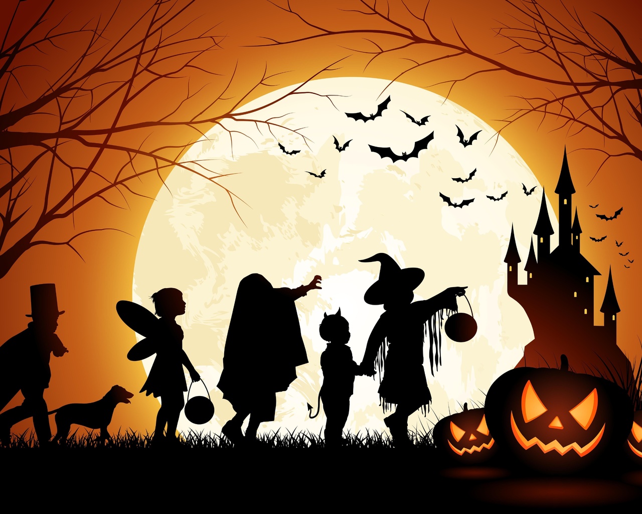 trees, pumpkin, men and dog, castle, Halloween, moon, bats