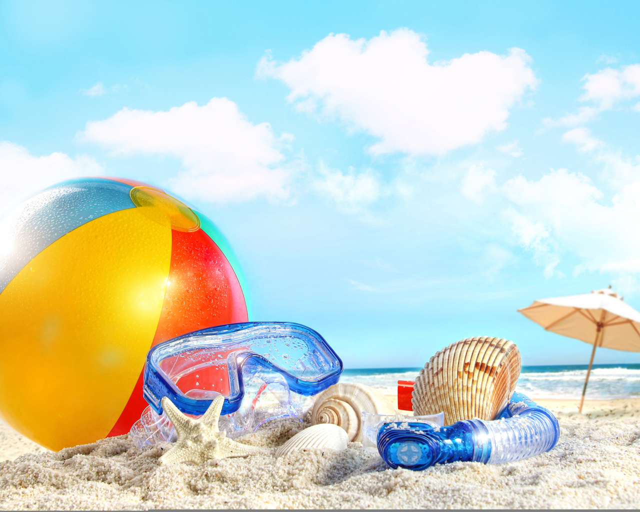, , Shells, ball, , clouds, beach, sky, nature, , sea, sand