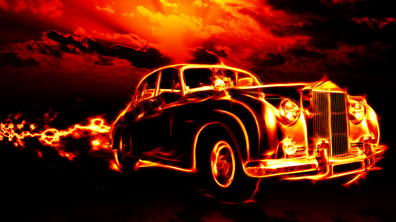 flame, city, smoke, clouds, Fire, classic, creepy, car, red sky, ghost rider, hell, horror