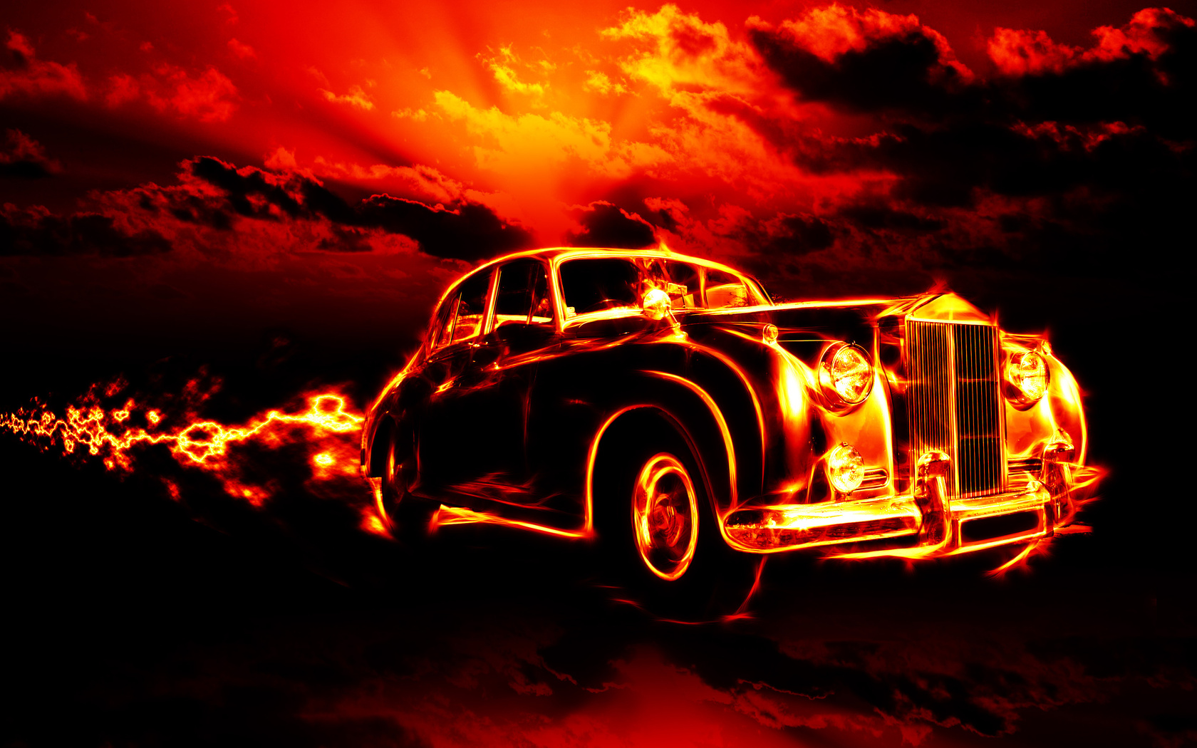 flame, city, smoke, clouds, Fire, classic, creepy, car, red sky, ghost rider, hell, horror