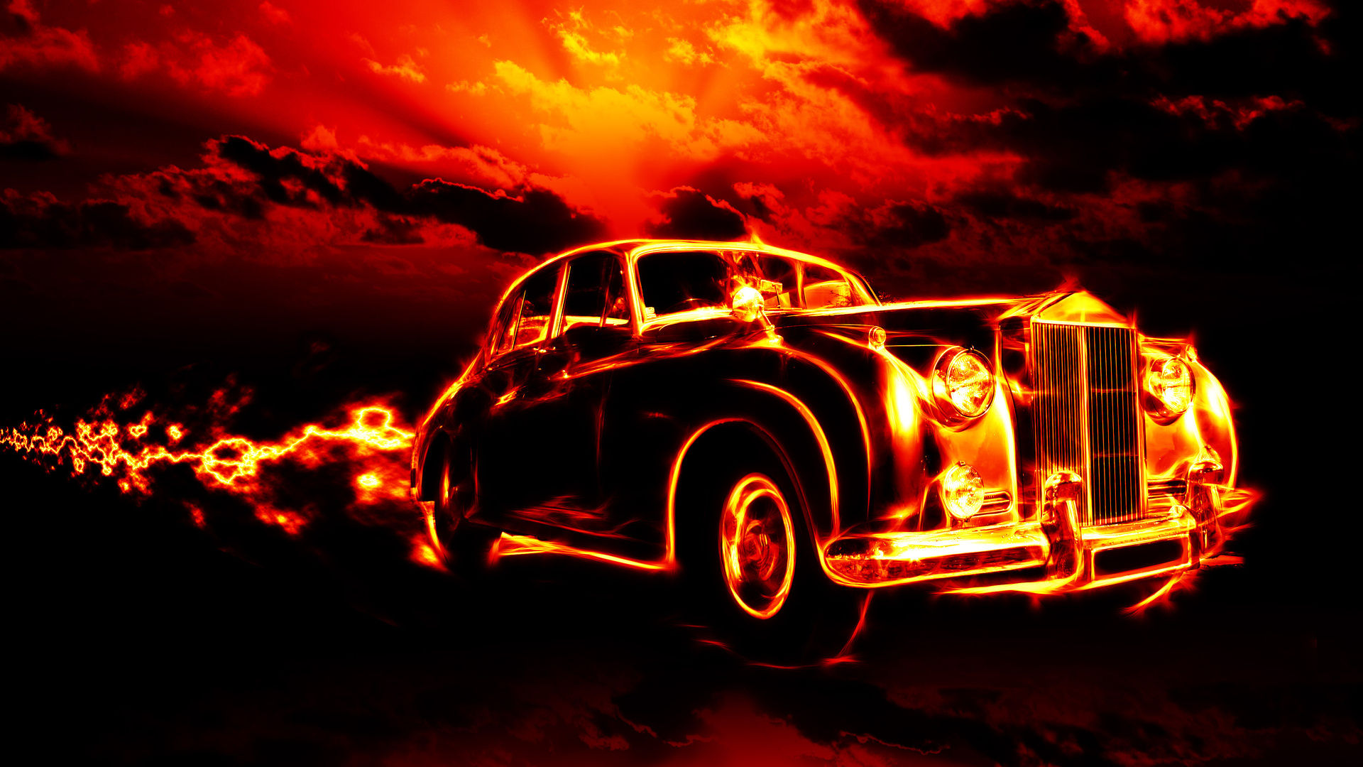 flame, city, smoke, clouds, Fire, classic, creepy, car, red sky, ghost rider, hell, horror