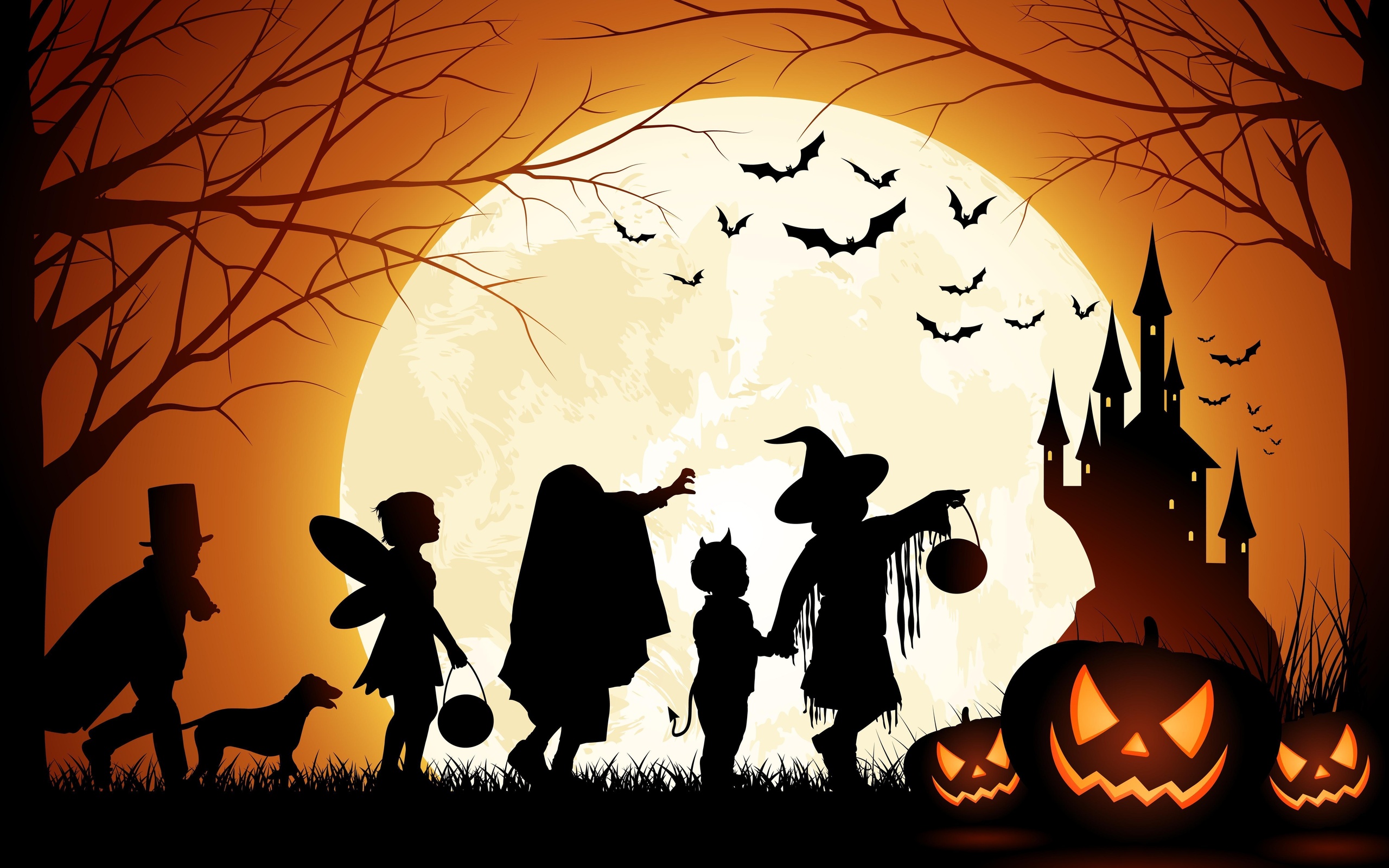 trees, pumpkin, men and dog, castle, Halloween, moon, bats