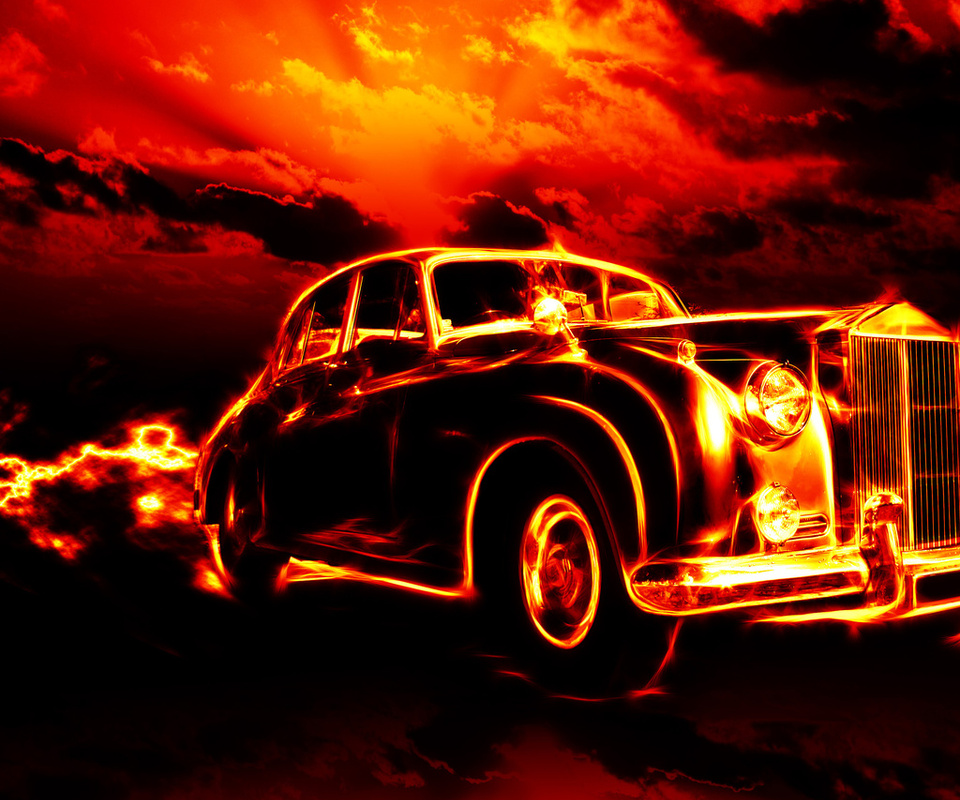 flame, city, smoke, clouds, Fire, classic, creepy, car, red sky, ghost rider, hell, horror