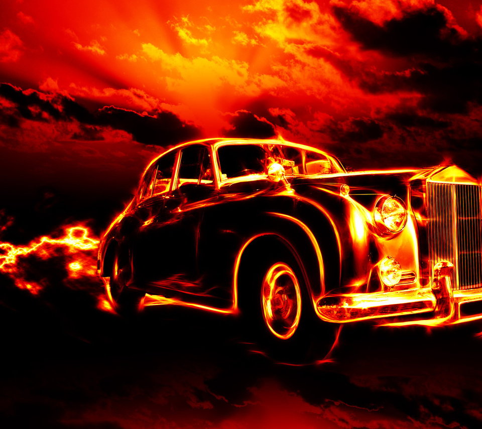 flame, city, smoke, clouds, Fire, classic, creepy, car, red sky, ghost rider, hell, horror