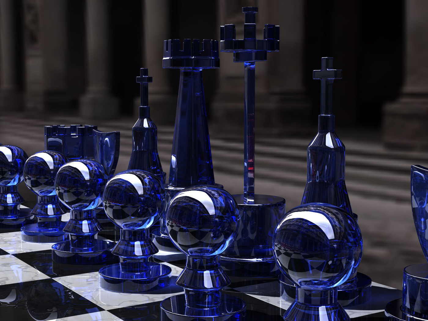 , glass, , blue side, kjasi, , rendering, Chess set