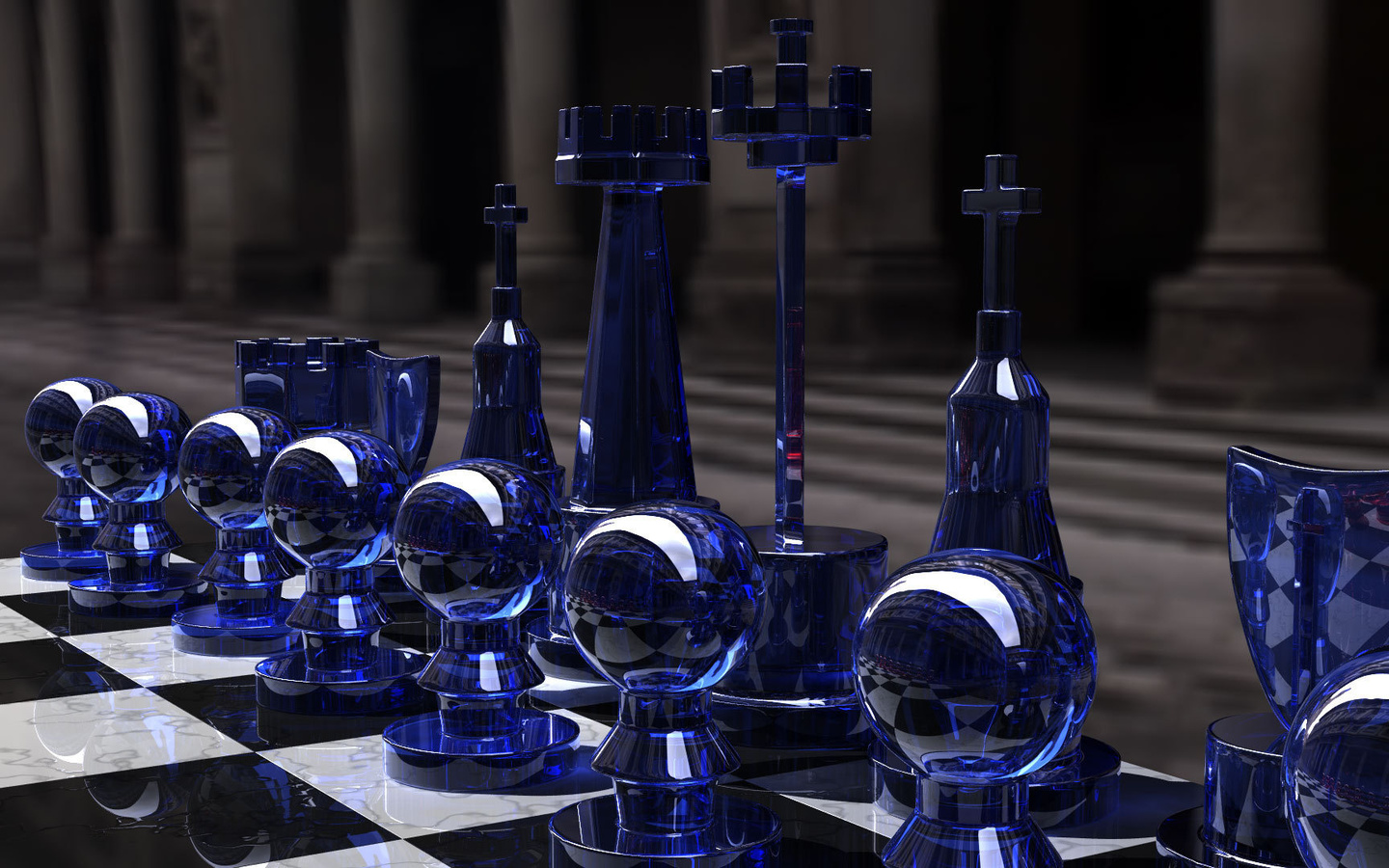 , glass, , blue side, kjasi, , rendering, Chess set