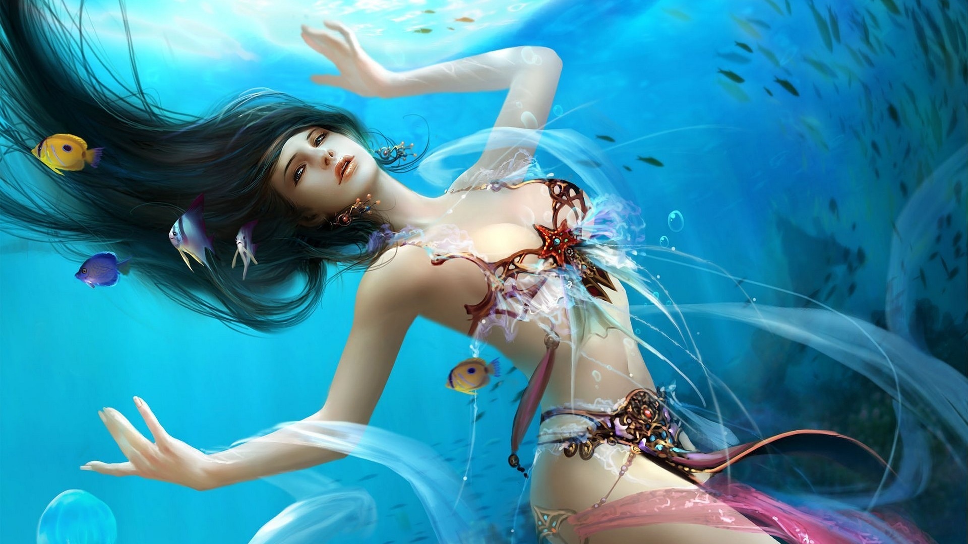 mermaid, gbrush, , , , fantasy, dehong he, Goddess of water