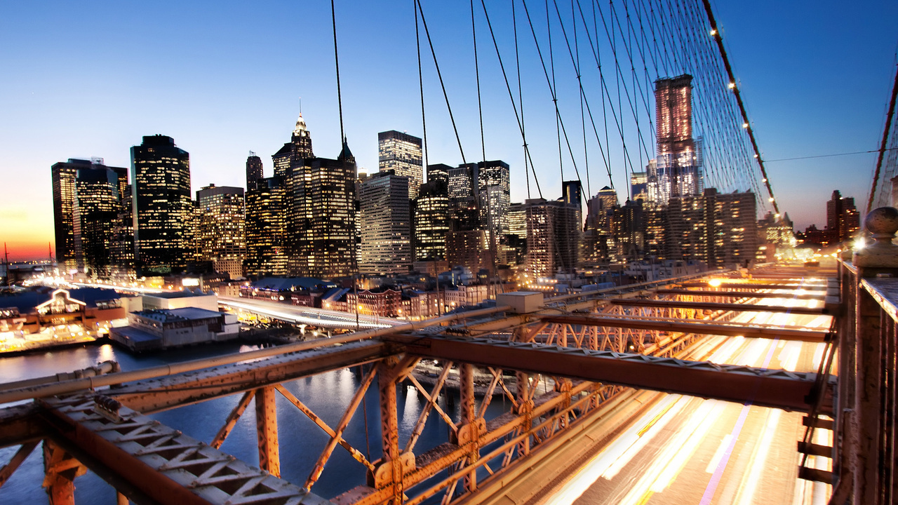 nyc, -, brooklyn bridge, usa, New york, sunset, financial district, 