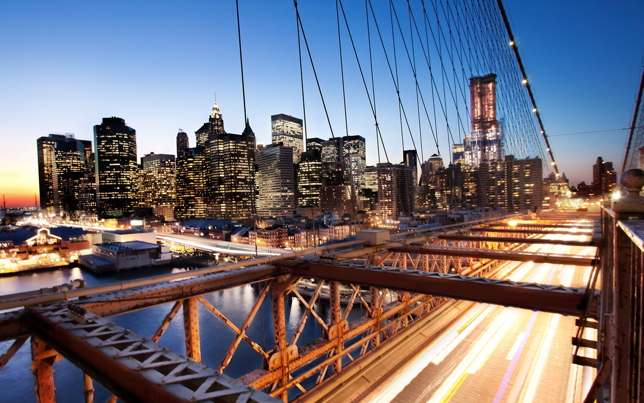 nyc, -, brooklyn bridge, usa, New york, sunset, financial district, 