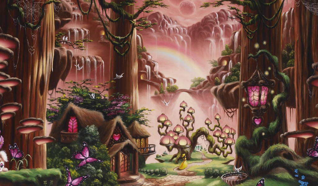 art, Rainbow cottage, fairytale, fantasy, sunset, house, girl, waterfall, christopher pollari