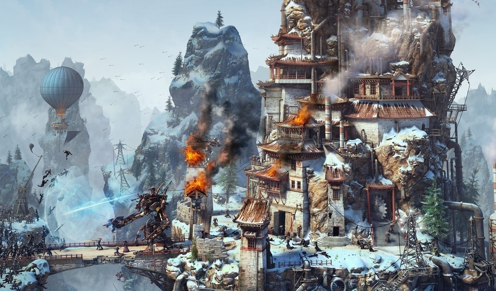 magic, battle, Steampunk, warriors, tower siege, robot, , fire, rendering