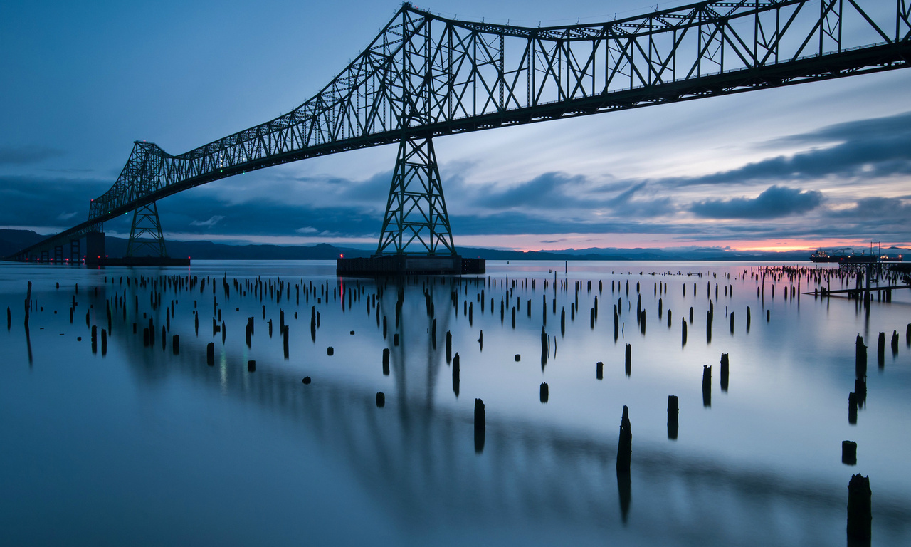 reflection, blue sky, Usa, evening, sunset, river, clouds, oregon, bridge, state, 