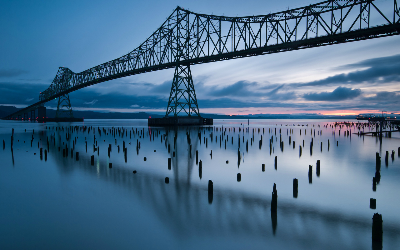 reflection, blue sky, Usa, evening, sunset, river, clouds, oregon, bridge, state, 