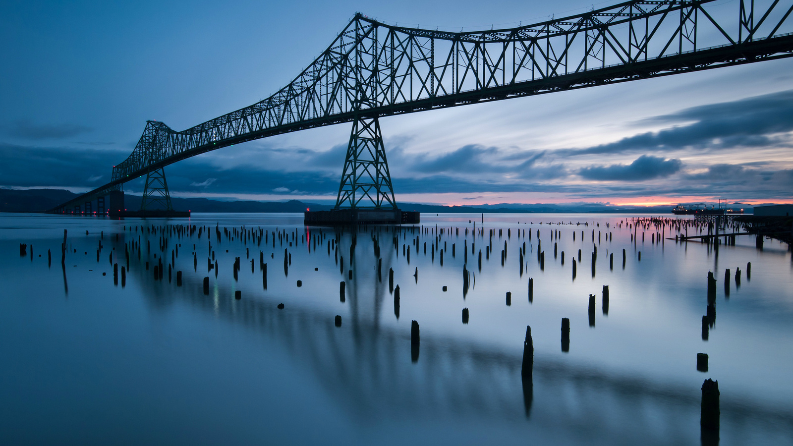 reflection, blue sky, Usa, evening, sunset, river, clouds, oregon, bridge, state, 