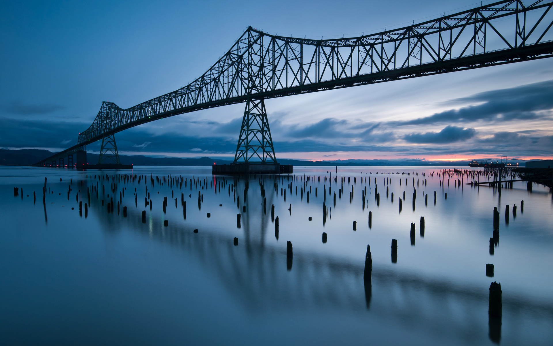 reflection, blue sky, Usa, evening, sunset, river, clouds, oregon, bridge, state, 