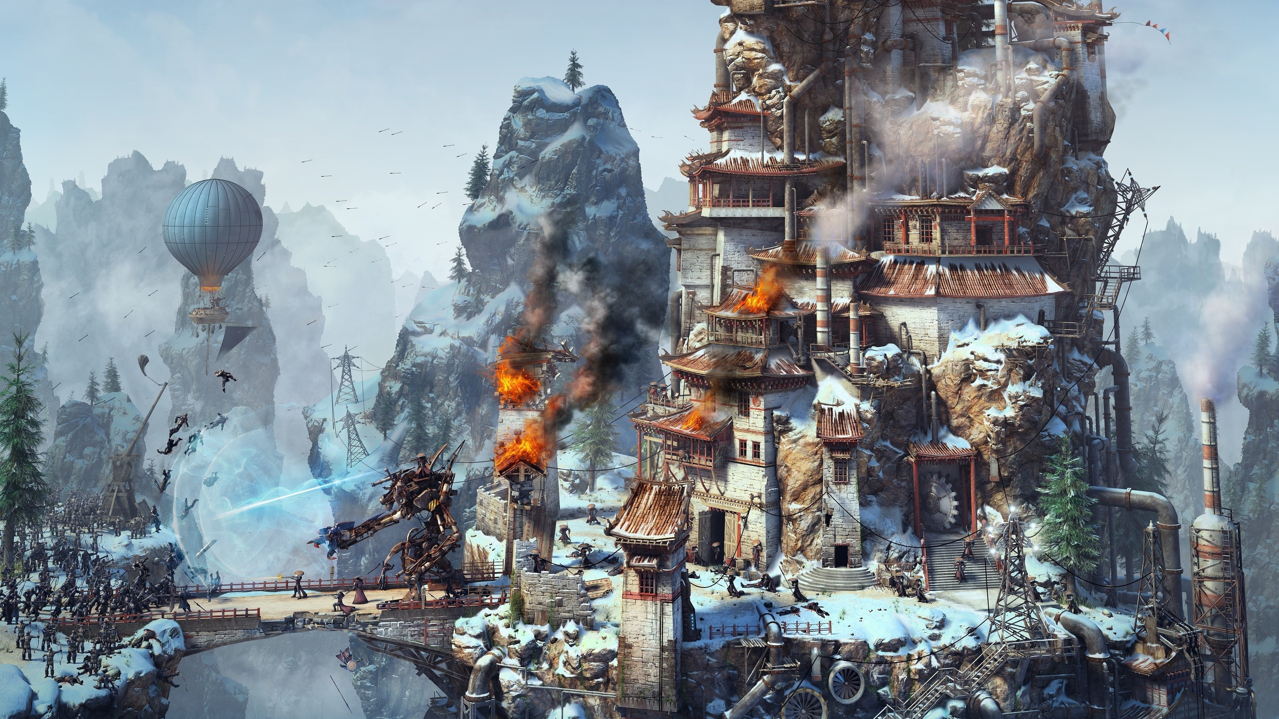 magic, battle, Steampunk, warriors, tower siege, robot, , fire, rendering