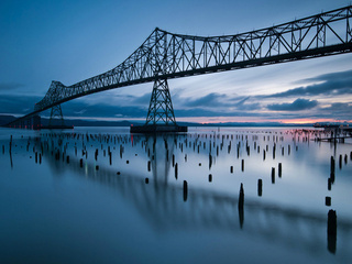 reflection, blue sky, Usa, evening, sunset, river, clouds, oregon, bridge, state, 