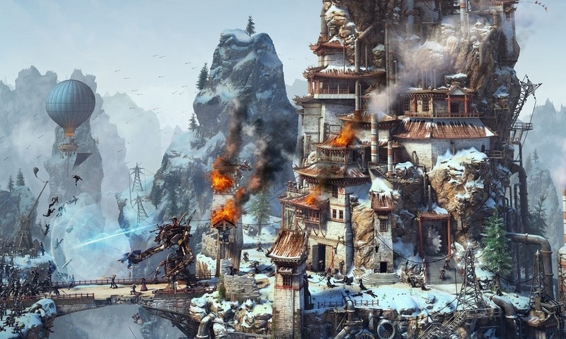 magic, battle, Steampunk, warriors, tower siege, robot, , fire, rendering