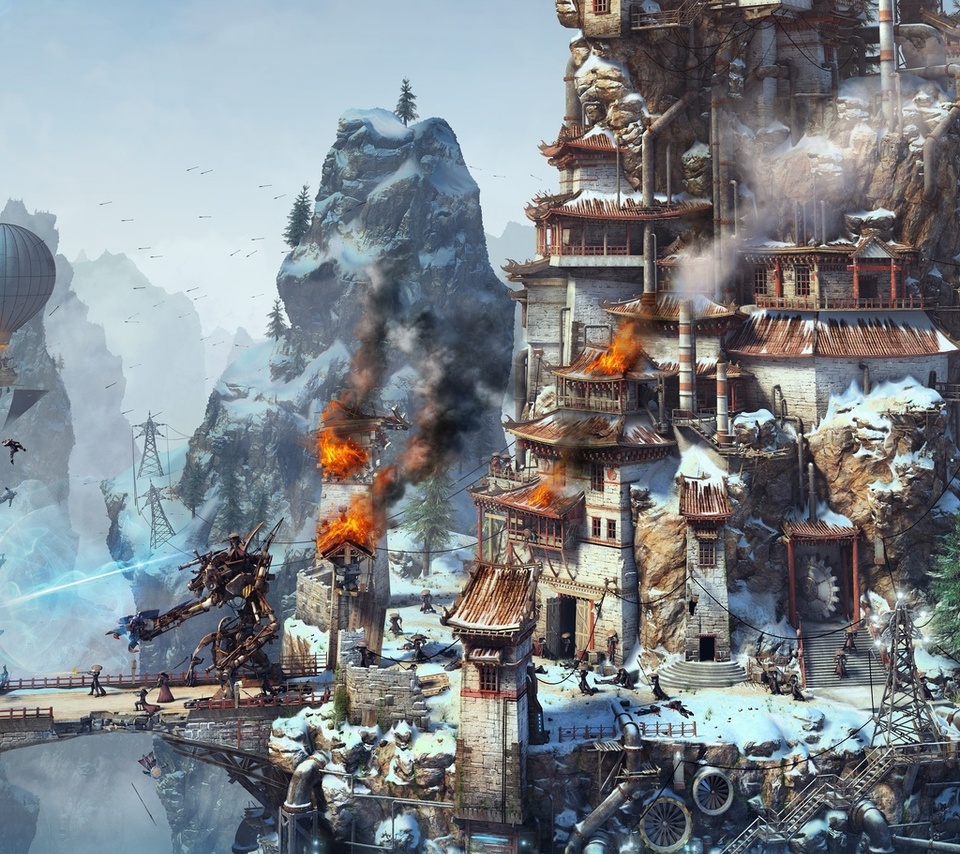 magic, battle, Steampunk, warriors, tower siege, robot, , fire, rendering