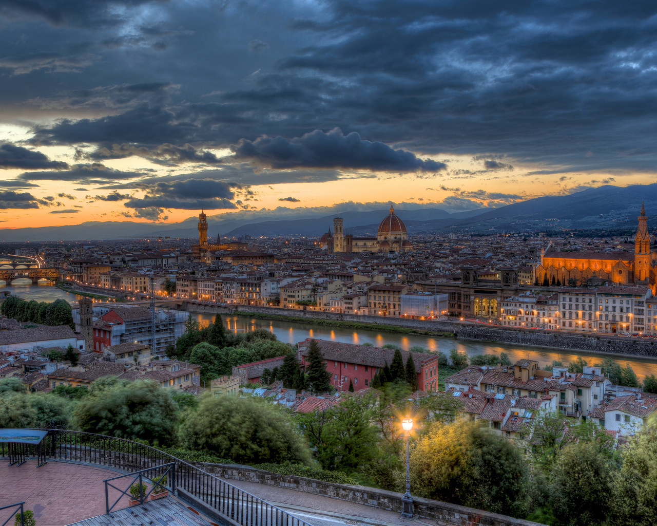 вечер, тоскана, Италия, панорама, флоренция, закат