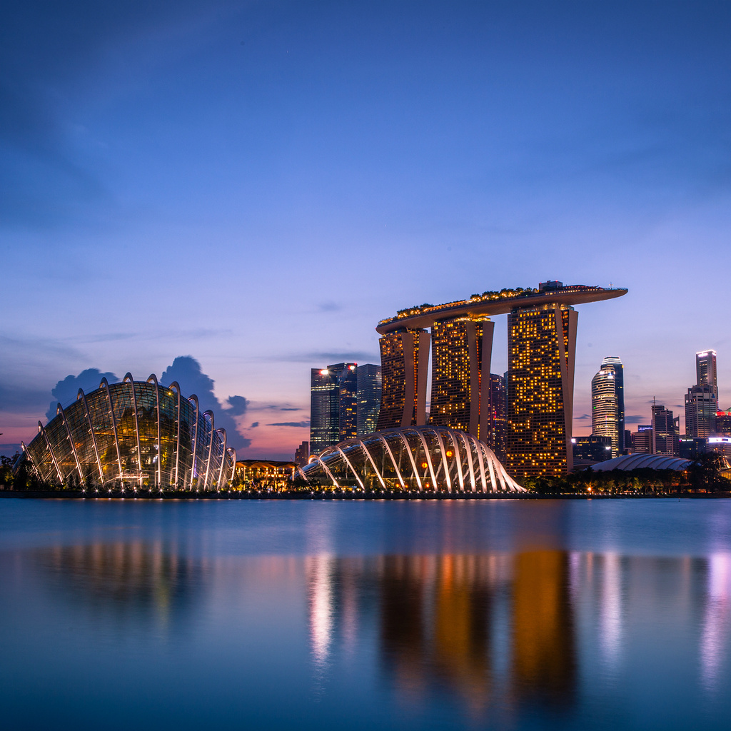 clouds, lights, skyscrapers, Singapore, blue sky, sunset, evening, gardens by the bay, architecture