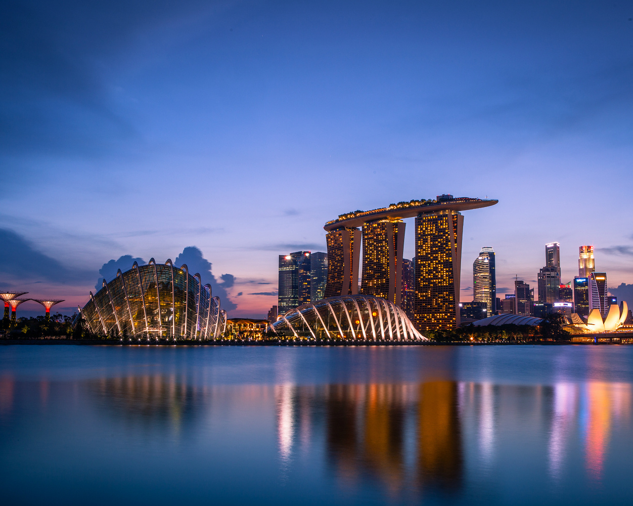 clouds, lights, skyscrapers, Singapore, blue sky, sunset, evening, gardens by the bay, architecture